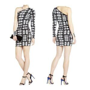 BCBG DRESS JERSEY S JORDAN BLACK WHITE ONE SHOULDER BODYCON FITTED